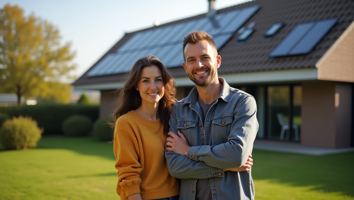 Woning met zonnepanelen op het dak en een jonge straat